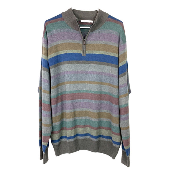 Peter Millar Striped Quarter Zip Long Sleeve Merino Wool Blend Sweater Mens XL
